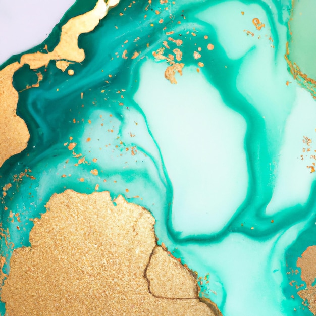 Luxury Abstract Fluid Art Painting in Green, Blue, Aqua and Gold Paints Ink Marble Cut Design