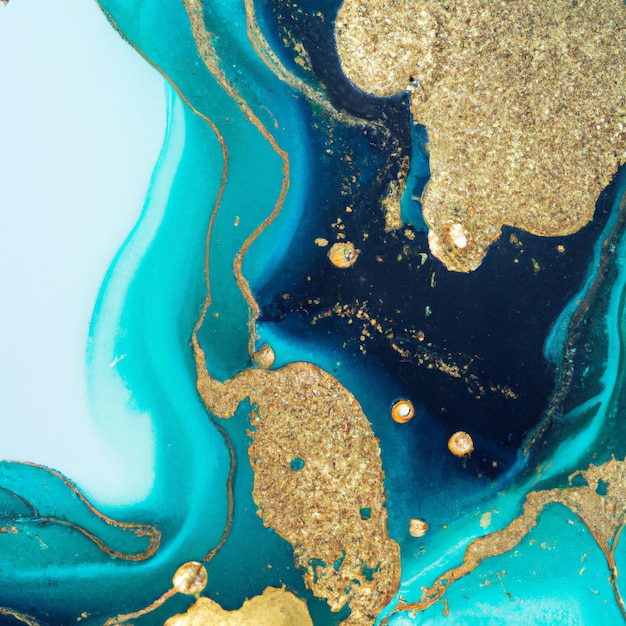 Luxury abstract fluid art painting in green, blue, Turquoise and gold paints ink technique