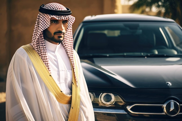 Luxury and affluence Arab sheikh poses with opulent car