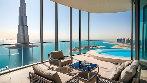 A luxury apartment in Dubai infinity pool with the Burj Khalifa towering in the background