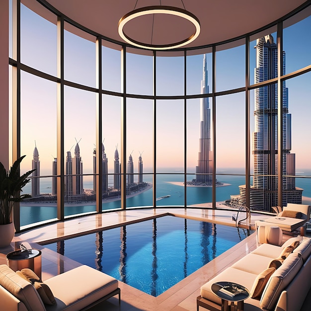 Photo a luxury apartment in dubai infinity pool with the burj khalifa towering in the background