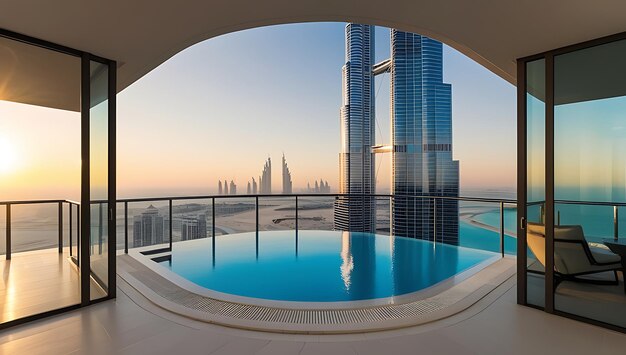 A luxury apartment in Dubai infinity pool with the Burj Khalifa towering in the background