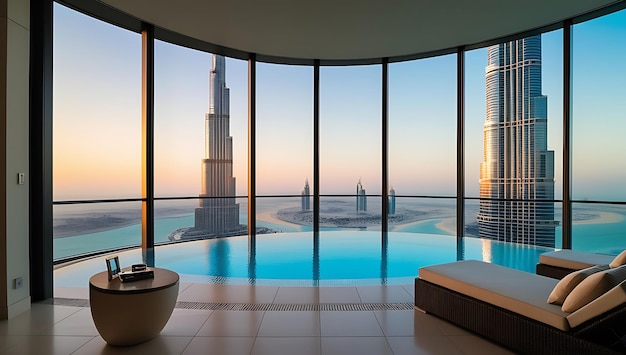 A luxury apartment in Dubai infinity pool with the Burj Khalifa towering in the background