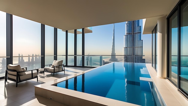 Photo a luxury apartment in dubai infinity pool with the burj khalifa towering in the background