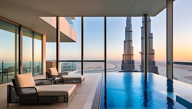 Photo a luxury apartment in dubai infinity pool with the burj khalifa towering in the background