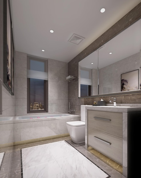 Luxury asia style bathroom 3d render There are marble tile floor and marble wallThe room has windows There is a night view of the city outside the window