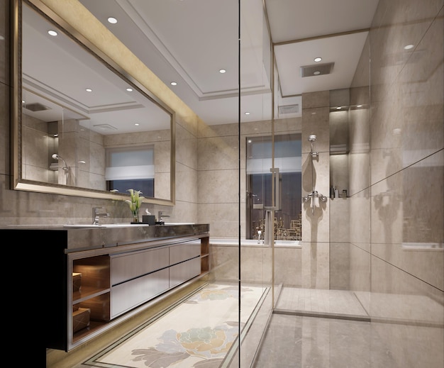 Luxury asia style bathroom 3d render There are marble tile floor and marble wallThe room has windows There is a night view of the city outside the window