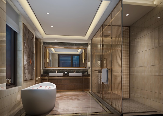 Luxury asia style bathroom 3d render There are marble tile floor and marble wallThe room has windows with guest washroom separate bath and shower stall