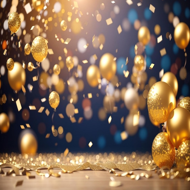 luxury background with golden inflatable balloons confetti blurred background