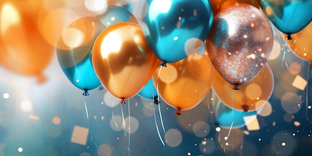 Luxury Banner Happy birthday background Blue orange balloons Bokeh light effect realistic balloons Generative AI