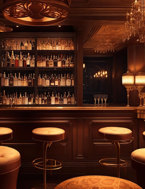 Luxury bar with a variety of fine liquors elaborate cocktails and a sophisticated atmosphere