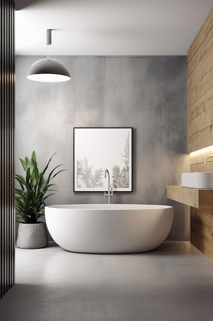 Luxury bathroom interior Modern big gray bathtub and wood walls Generative AI