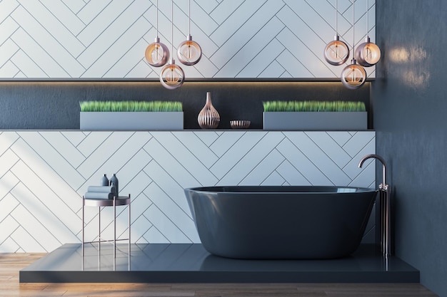 Luxury bathroom interior with black bath