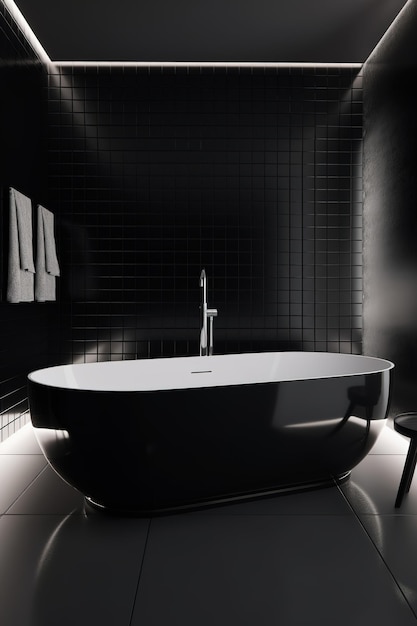 Luxury bathroom with window Modern big black bathtub and concrete tiles AI