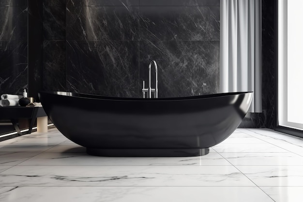 Luxury bathroom with window Modern big black bathtub and marble tiles AI