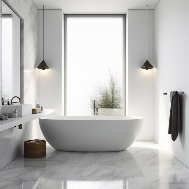 Luxury bathroom with windows Modern big bathtub and marble tiles AI