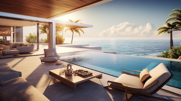 Photo luxury beach house with sea view swimming pool and terrace in modern design lounge chairs