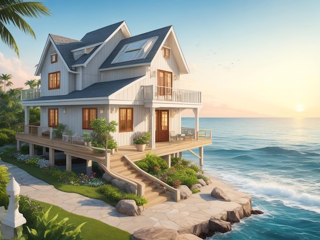 Luxury beach house with sea view swimming pool and terrace at vacation3d rendering