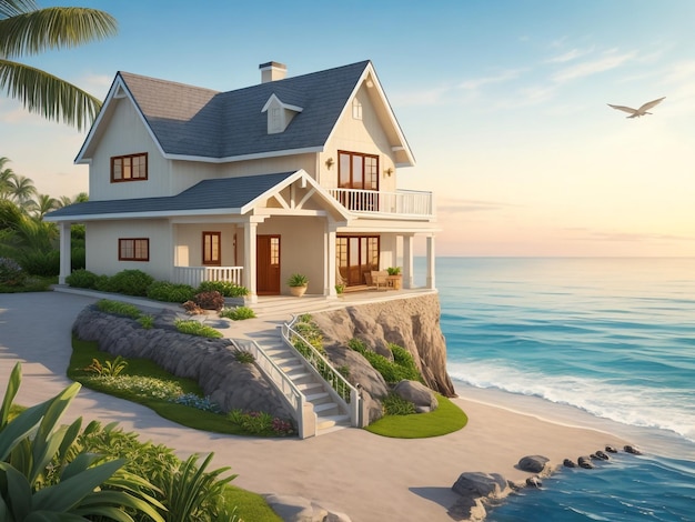 Luxury beach house with sea view swimming pool and terrace at vacation3d rendering