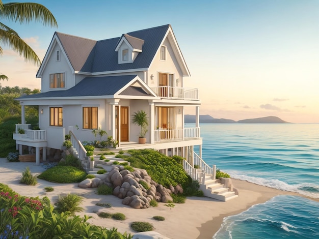 Luxury beach house with sea view swimming pool and terrace at vacation3d rendering