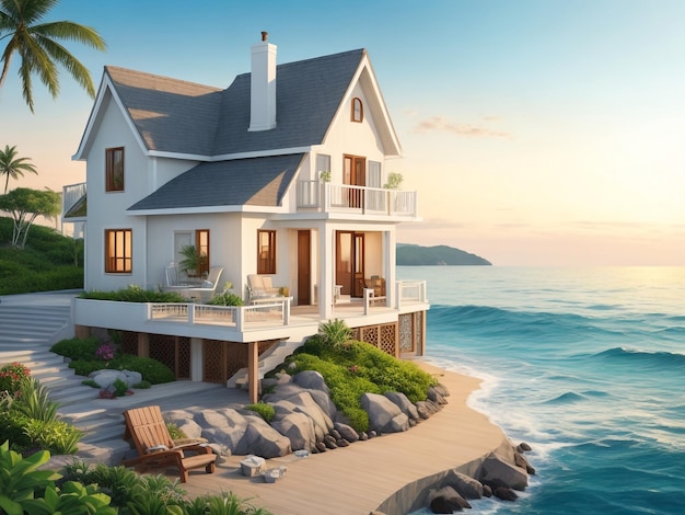 Luxury beach house with sea view swimming pool and terrace at vacation3d rendering