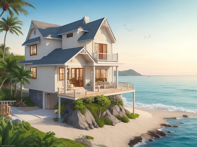 Luxury beach house with sea view swimming pool and terrace at vacation3d rendering