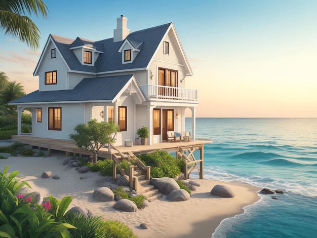 Luxury beach house with sea view swimming pool and terrace at vacation3d rendering