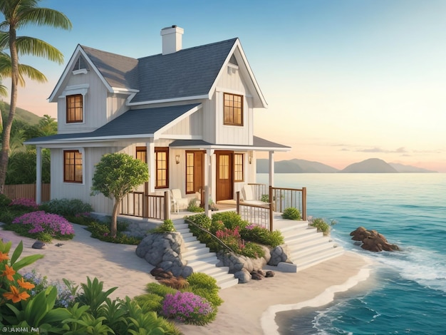 Luxury beach house with sea view swimming pool and terrace at vacation3d rendering