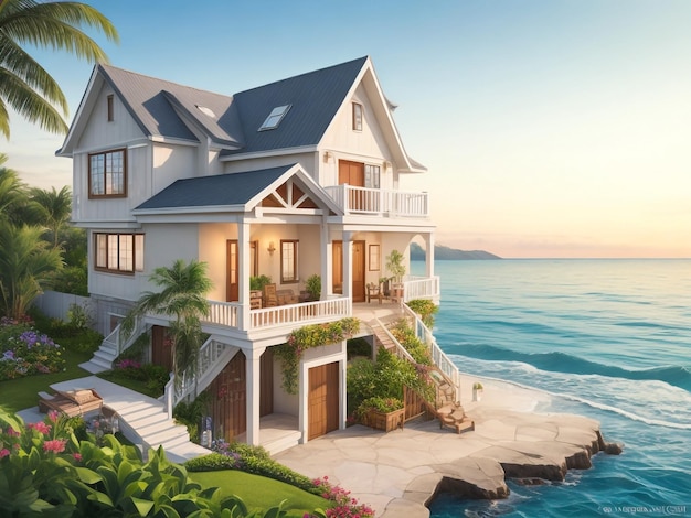 Luxury beach house with sea view swimming pool and terrace at vacation3d rendering