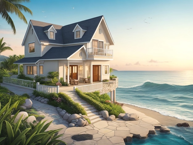 Luxury beach house with sea view swimming pool and terrace at vacation3d rendering