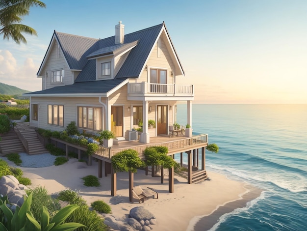 Luxury beach house with sea view swimming pool and terrace at vacation3d rendering