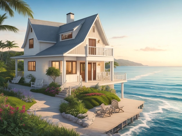 Luxury beach house with sea view swimming pool and terrace at vacation3d rendering