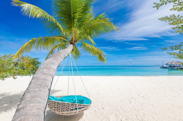 Luxury beach resort leisure shore, sunny palm swing sea sand sky. Tropical island wellbeing freedom