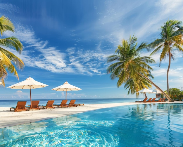 Luxury beach resort swimming pool palm trees beach chairs relaxing seaside vacation