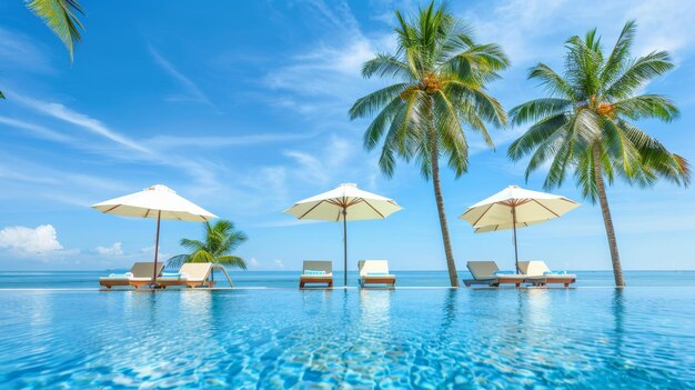 Luxury beach resort with swimming pool palm trees and blue sunny sky for relaxing vacation