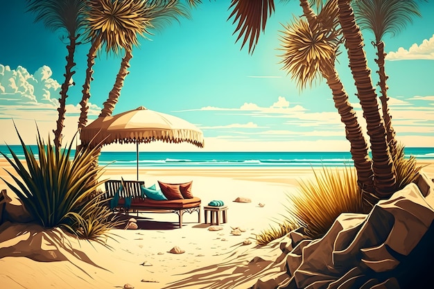 Luxury beach with chillout lounge place for rest next to sea shore under the palm trees Neural network generated art