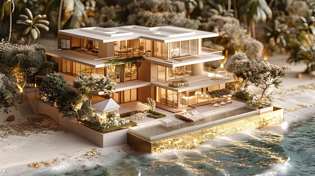 Luxury Beachfront Property Blueprint with 3D Model on Gold Leaf Backdrop