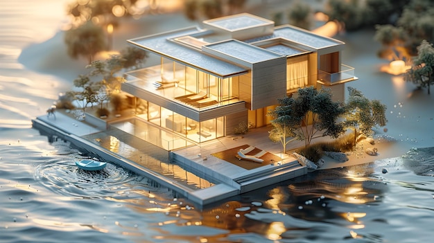 Luxury Beachfront Villa Blueprint with 3D Model on Golden Backdrop