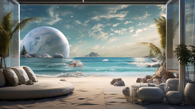 Photo luxury beachside house with space planets