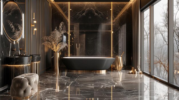 Luxury bedroom interior design with black and gold decor Marble tiles Created with generative AI