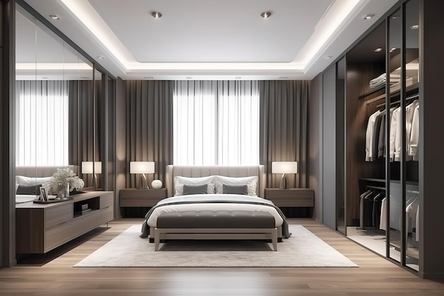 Luxury bedroom in light colours with golden furniture details Big comfortable double royal bed in elegant classic interior Generative AI