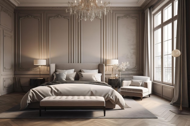 Luxury bedroom in light colours with golden furniture details Big comfortable double royal bed in elegant classic interior Generative AI