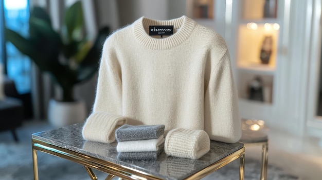 Photo luxury beige knit sweater on gold table