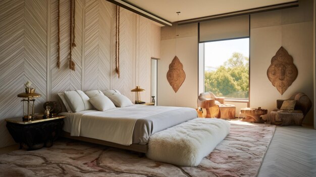 The luxury beige tone bedroom interior with geometric pattern wooden wall and alpaca rug Generative AI AIG27