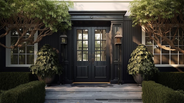 luxury Black front door of green house with trees