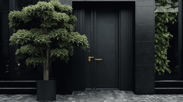 luxury Black front door of green house with trees