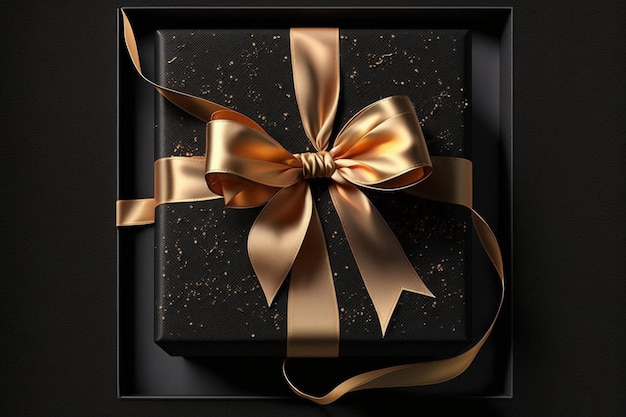 Luxury black Gift box with gold satin ribbon and bow on dark black background Generative ai