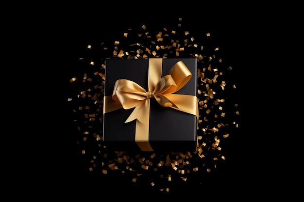 Luxury black Gift box with gold satin ribbon and bow on dark black background Generative ai