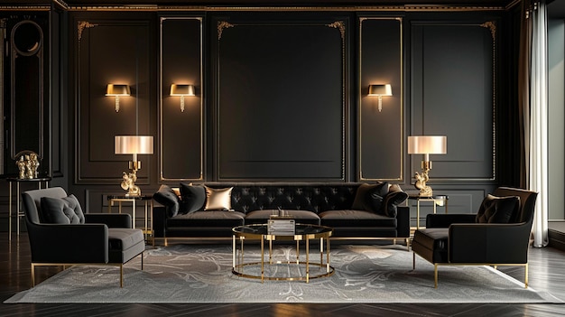 Luxury Black and Gold Living Room Decor with Elegant Furniture and Lamps