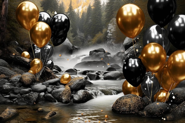 Luxury black gold and silver ballons in nature background